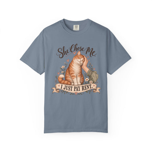 Cat Lover T-Shirt — "She Chose Me, I Just Pay Rent" Graphic Tee