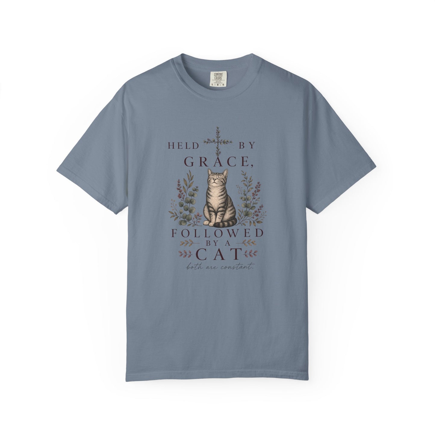 T-Shirt — "Held by Grace, Followed by the Cat" Vintage Cat Faith Tee