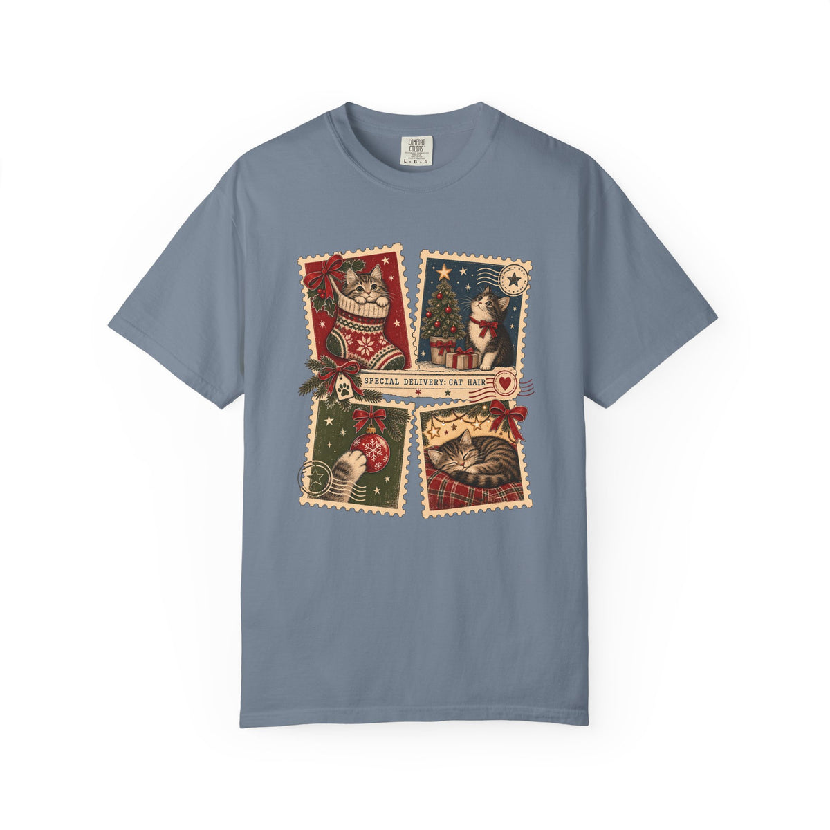 Vintage Holiday Cats T-Shirt — "Special Delivery Cat Hair" Christmas Graphic Tee
