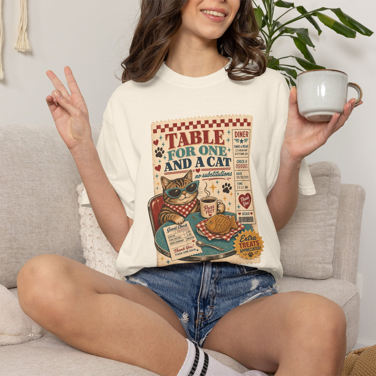 Table for One and a Cat T-Shirt — Retro Diner Cat Lover Tee