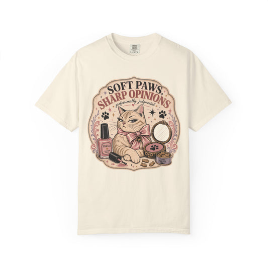 Cat Graphic T-Shirt — "Soft Paws, Sharp Opinions" Cute Vintage Cat Lounge Tee