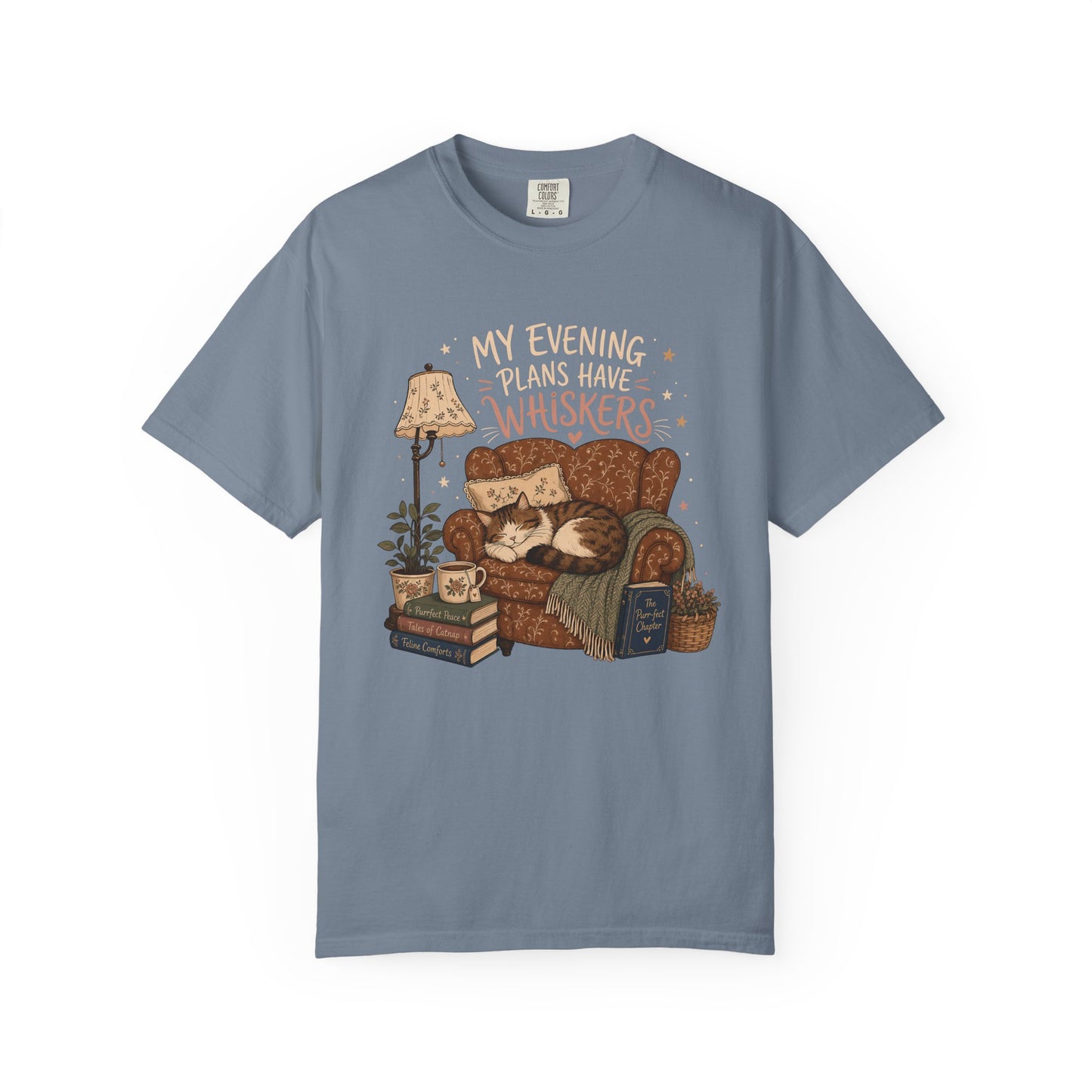 Cozy Cat Reading Tee - "My Evening Is Saved By Whiskers" Garment-Dyed T-Shirt