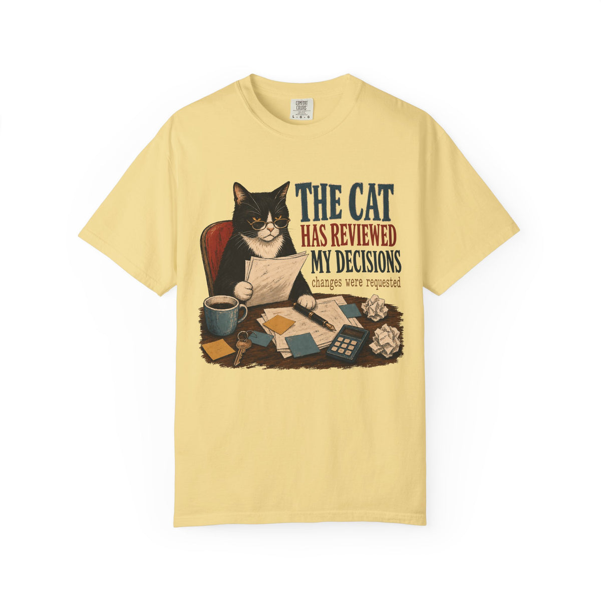 Cat Reviewer T-Shirt — "The Cat Has Reviewed My Decisions" Vintage Cat Office Tee
