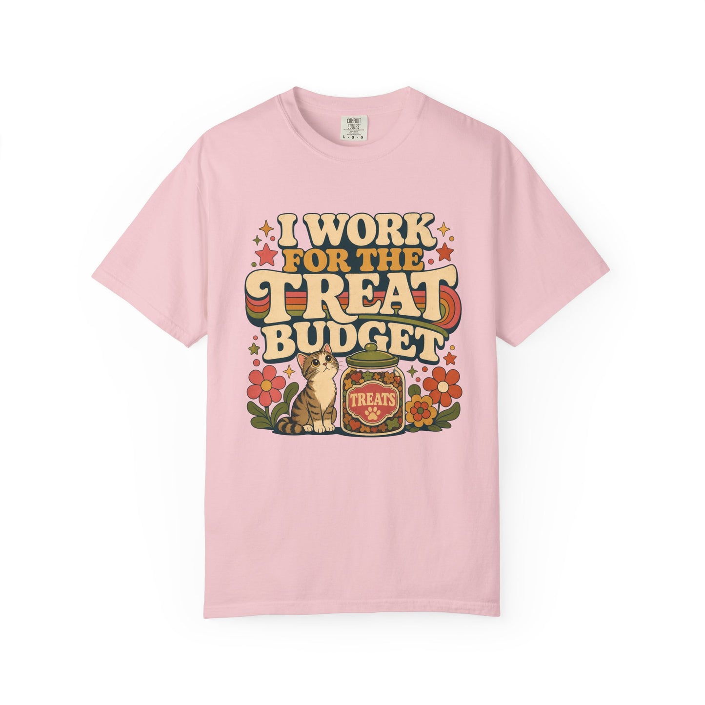 I Work for the Treat Budget T-Shirt — Retro Cat Treats Graphic Tee