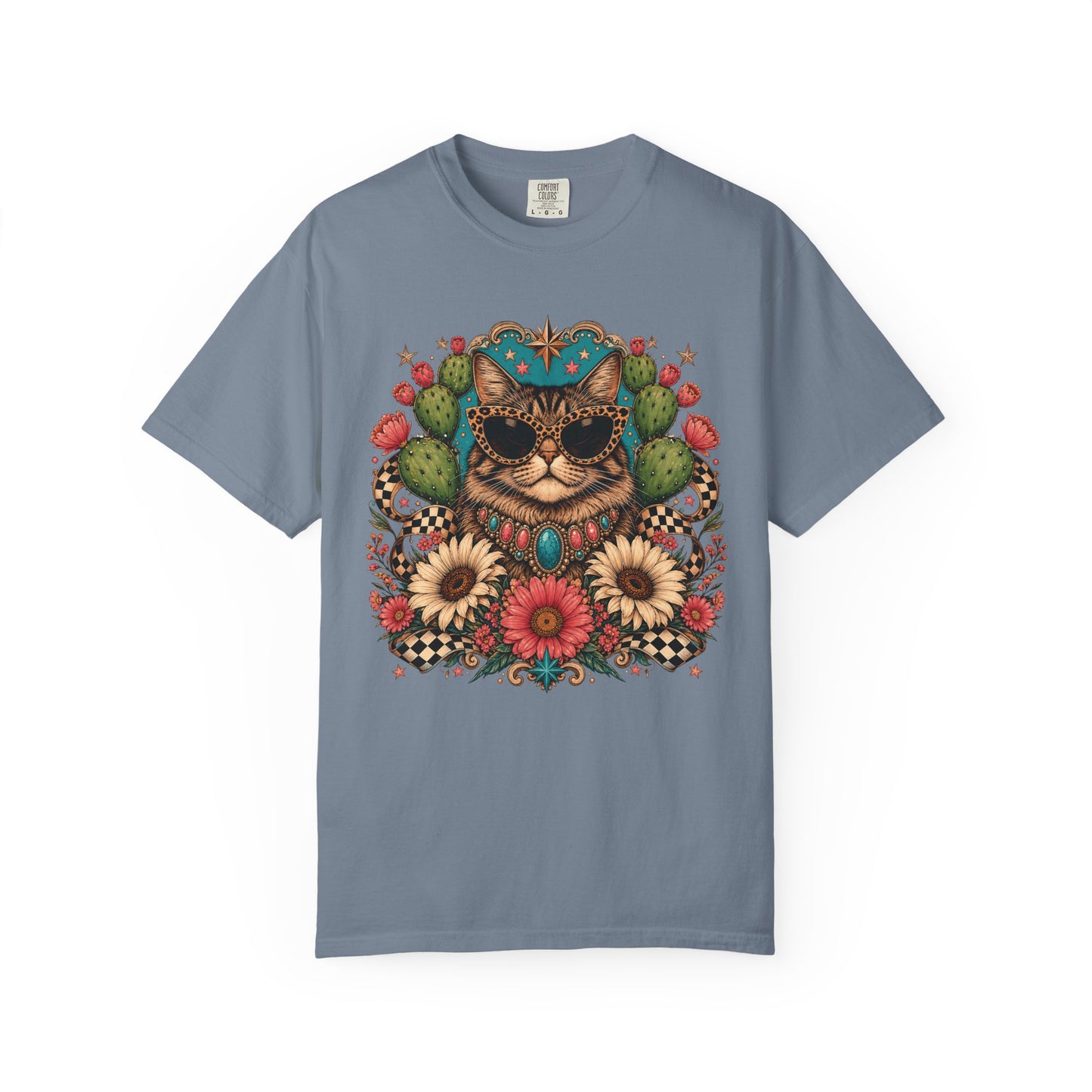 Cat with Sunglasses Floral T-Shirt — Retro Boho Kitty Graphic Tee