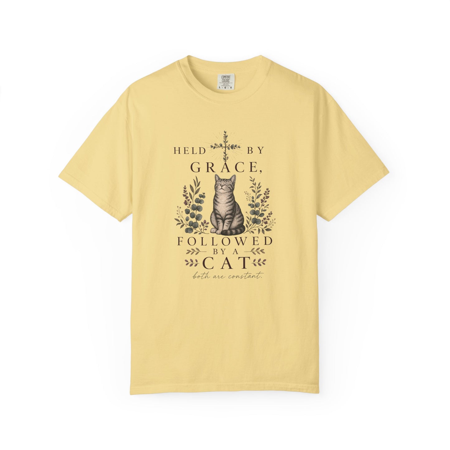 T-Shirt — "Held by Grace, Followed by the Cat" Vintage Cat Faith Tee