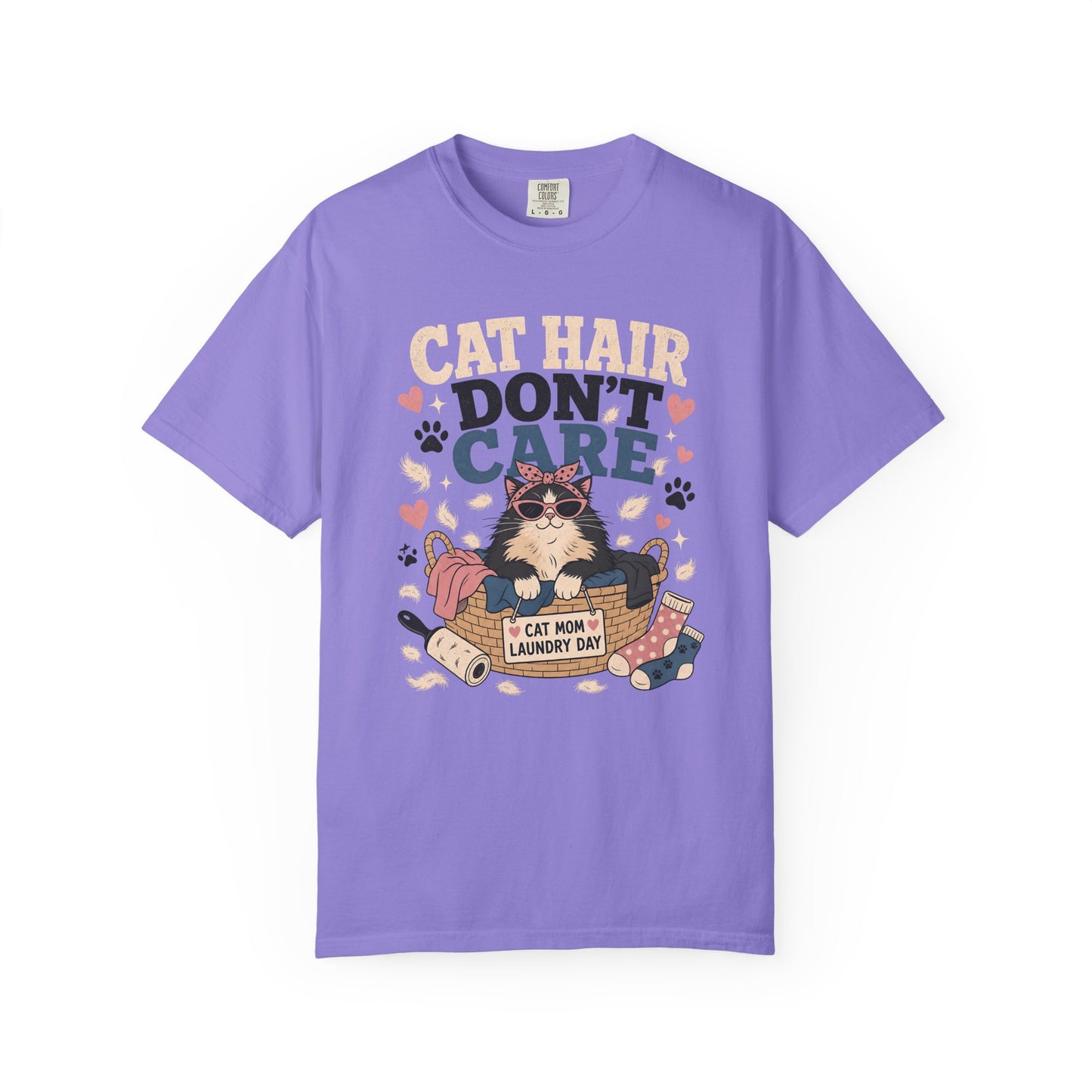 Cat Hair Don’t Care T-Shirt — Cute Laundry Day Cat Graphic Tee