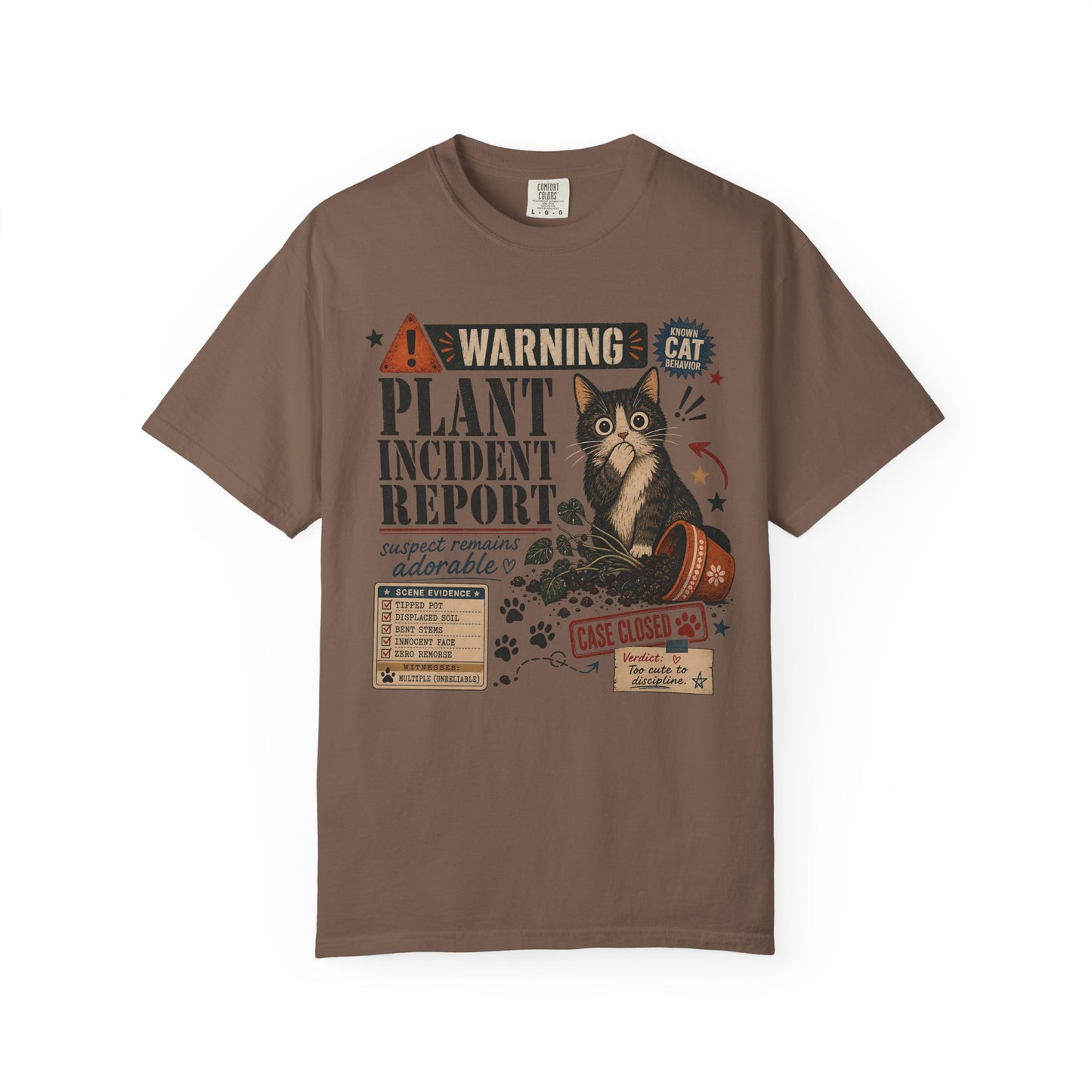 Plant Incident Report Cat T-Shirt – Cute ‘Case Closed’ Gardening Cat Graphic Tee