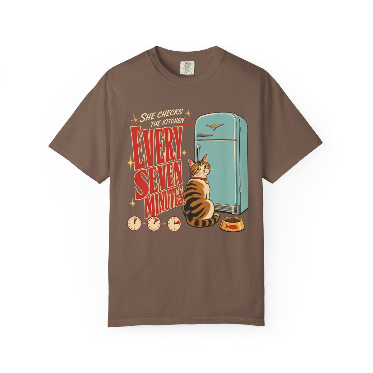 Every Seven Minutes Cat T-Shirt – Retro Refrigerator Graphic Tee for Cat Lovers
