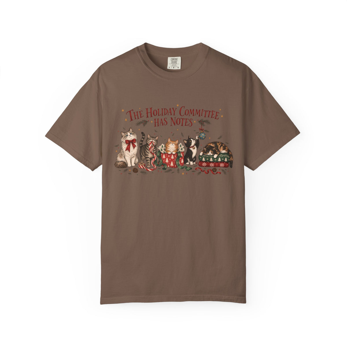 Holiday Committee Cats T-Shirt — "The Holiday Committee Has Notes" Cute Festive Cat Crew Tee