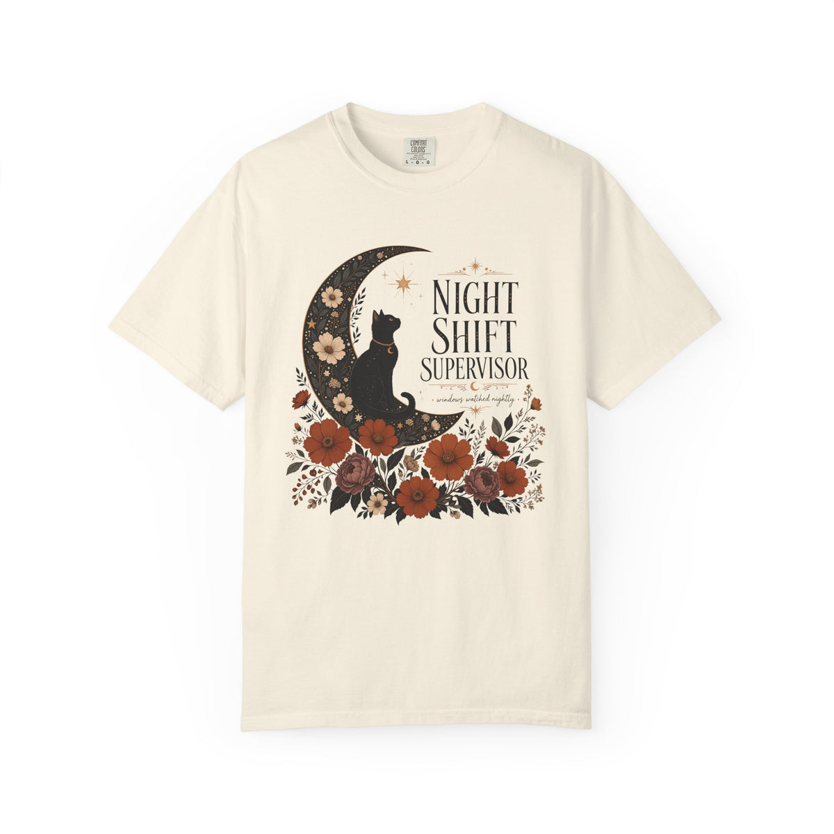 Night Shift Supervisor T-Shirt — Moon Cat Floral Crew Tee