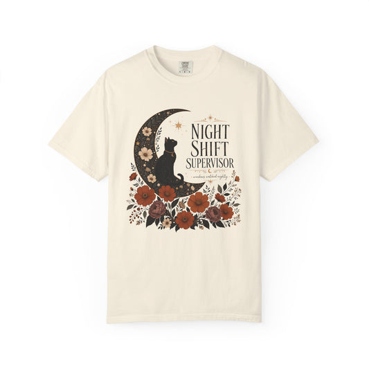 Night Shift Supervisor T-Shirt — Moon Cat Floral Crew Tee