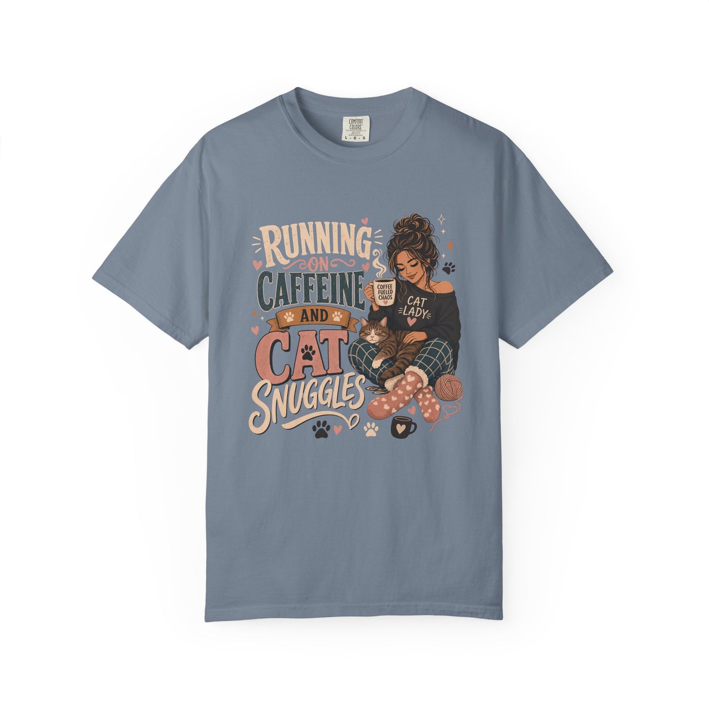 Cat Lover T-Shirt — "Running on Caffeine and Cat Snuggles" Cozy Graphic Tee
