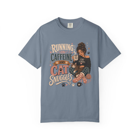 Cat Lover T-Shirt — "Running on Caffeine and Cat Snuggles" Cozy Graphic Tee