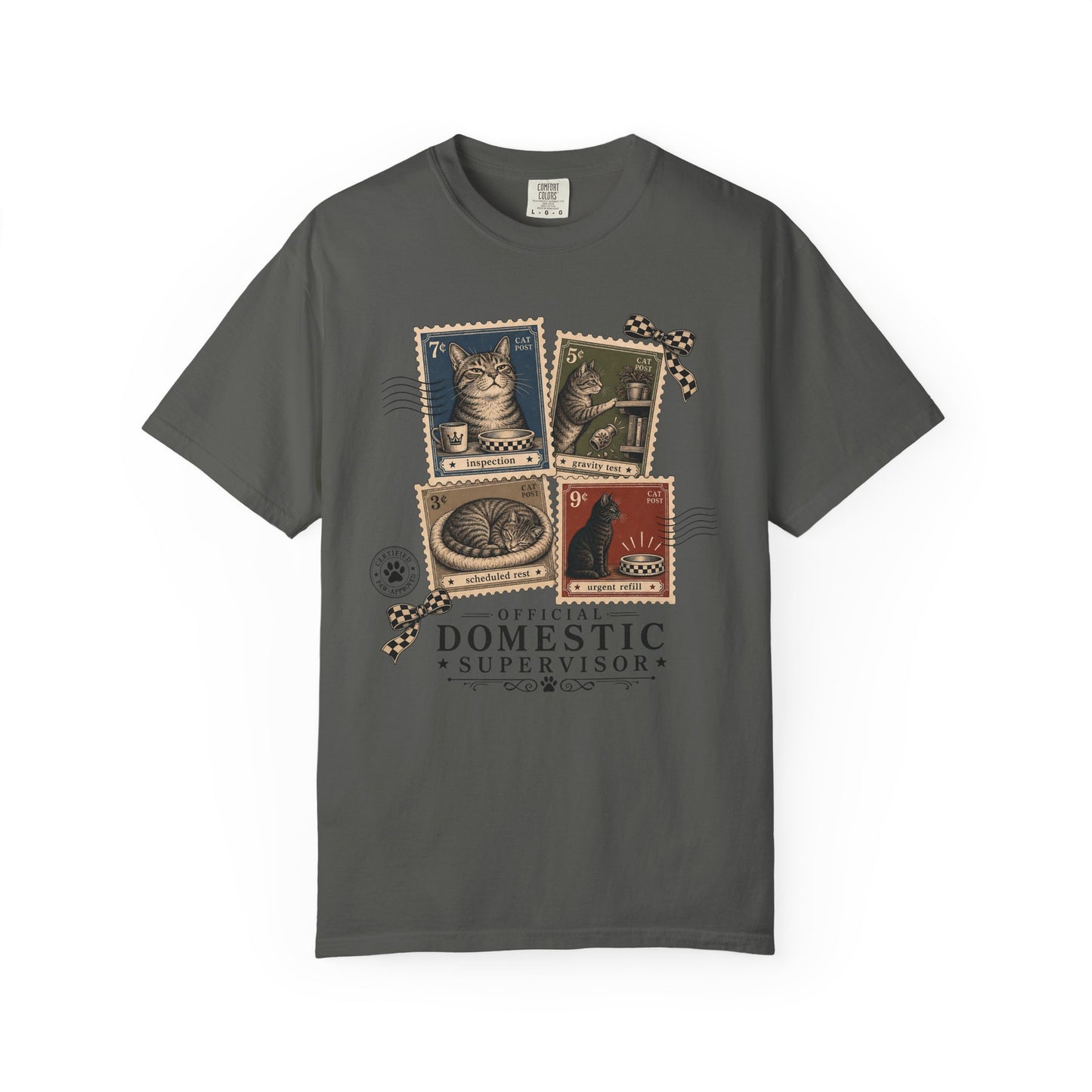 Domestic Supervisor Cat T-Shirt — Vintage Stamp Cat Lover Tee