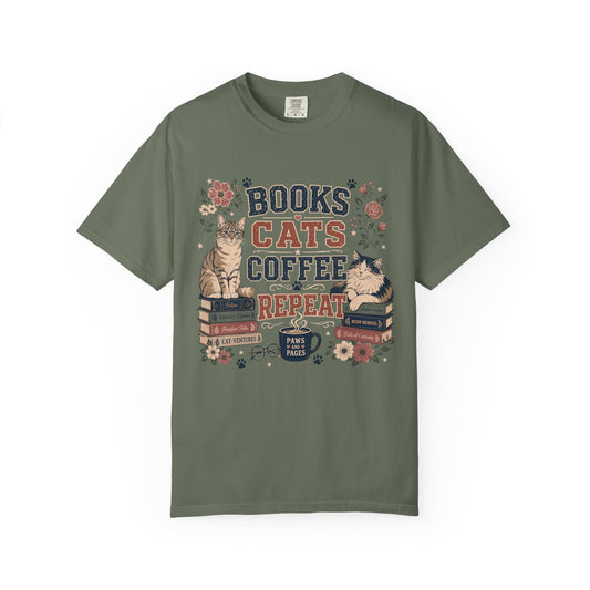 Books • Cats • Coffee Repeat T-Shirt — Cozy Reader Cat Lover Tee