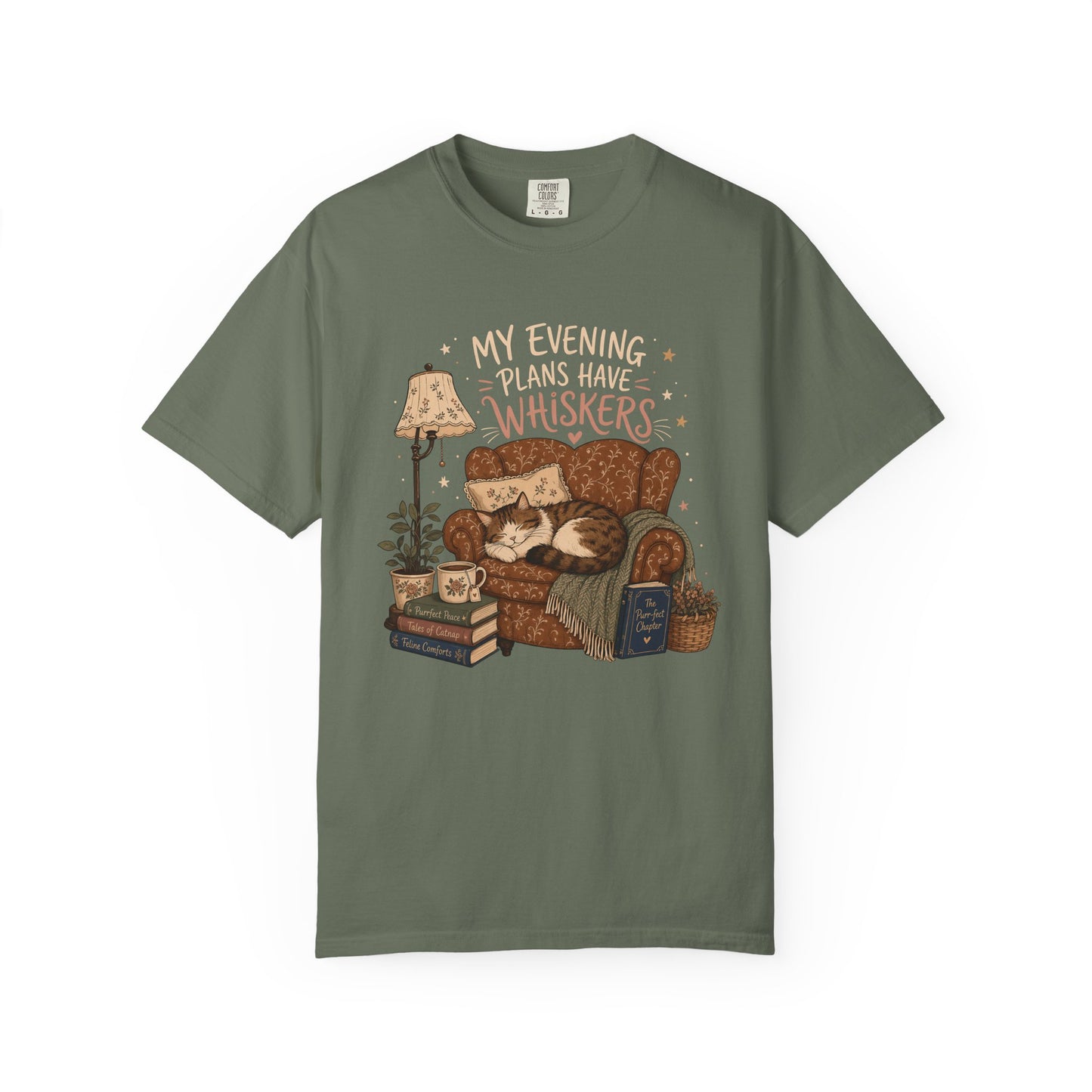 Cozy Cat Reading Tee - "My Evening Is Saved By Whiskers" Garment-Dyed T-Shirt