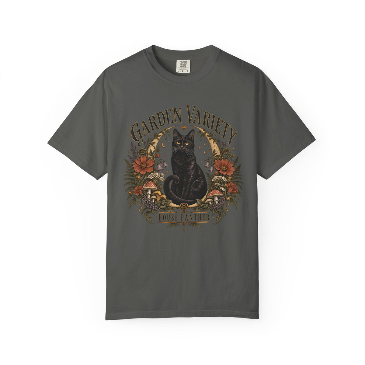 Garden Variety Black Cat T-Shirt — “House Panther” Vintage Floral Tee