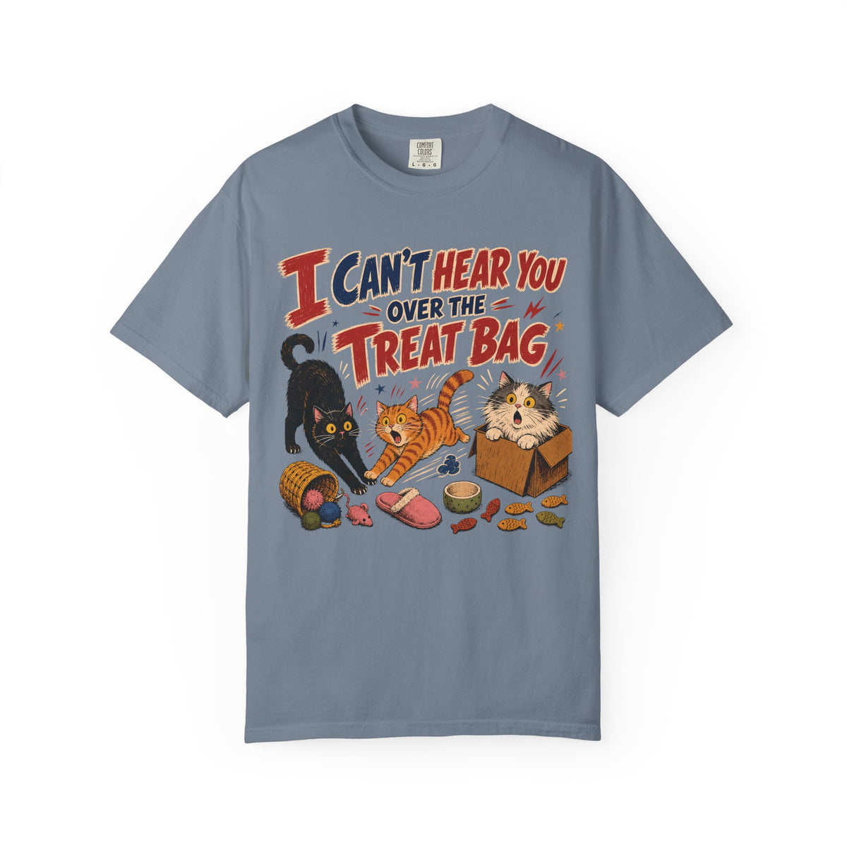 Halloween Cat Treats T-Shirt — "I Can't Hear You Over the Treat Bag" Cute Cat Halloween Tee