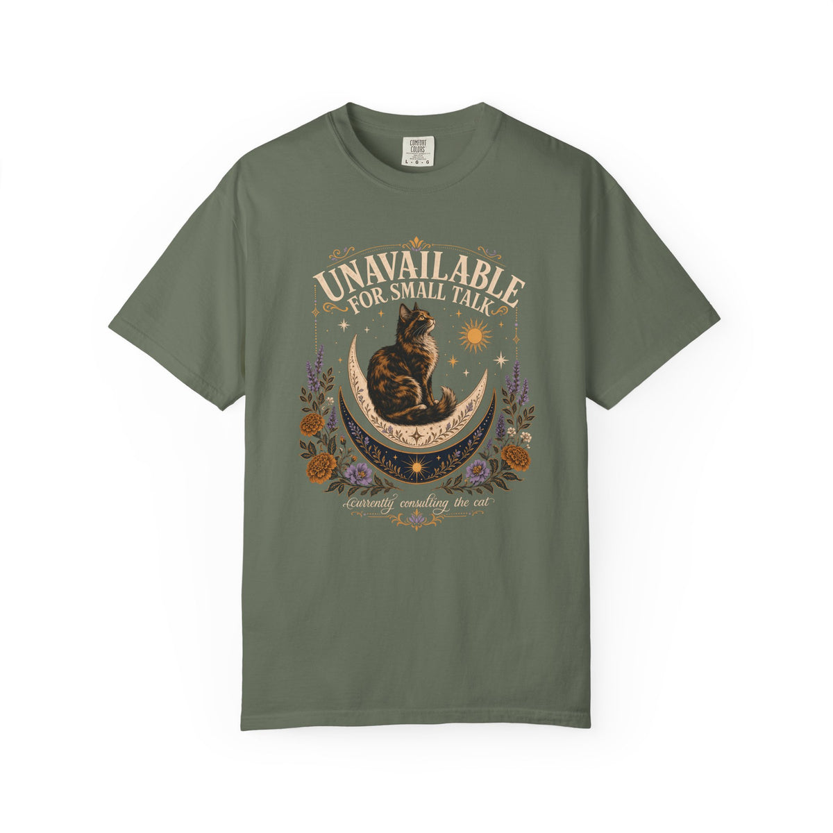 Unavailable for Small Talk T-Shirt — Cat on Crescent Moon Graphic Tee