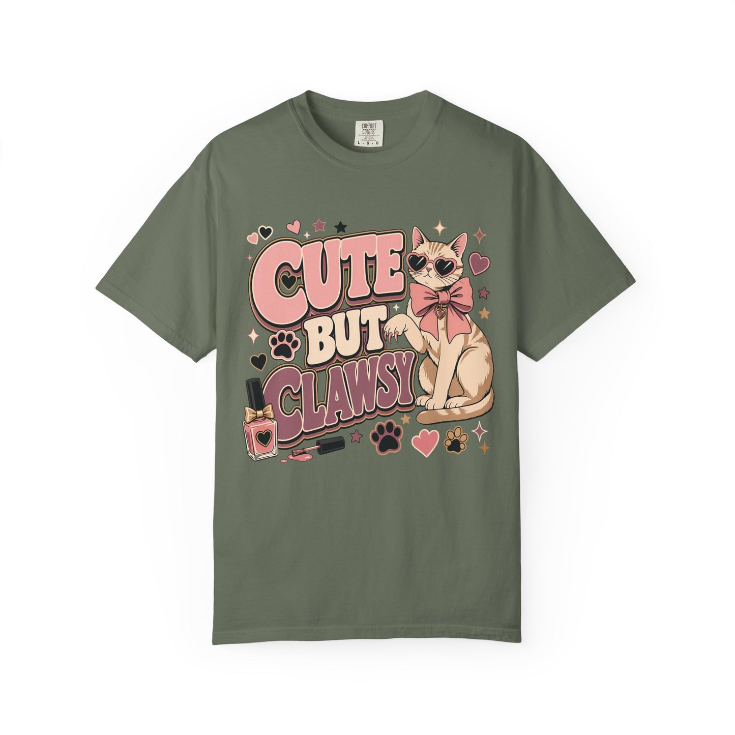 Cute But Clawsy Cat T-Shirt — Cute Cat with Nail Polish & Bow Graphic