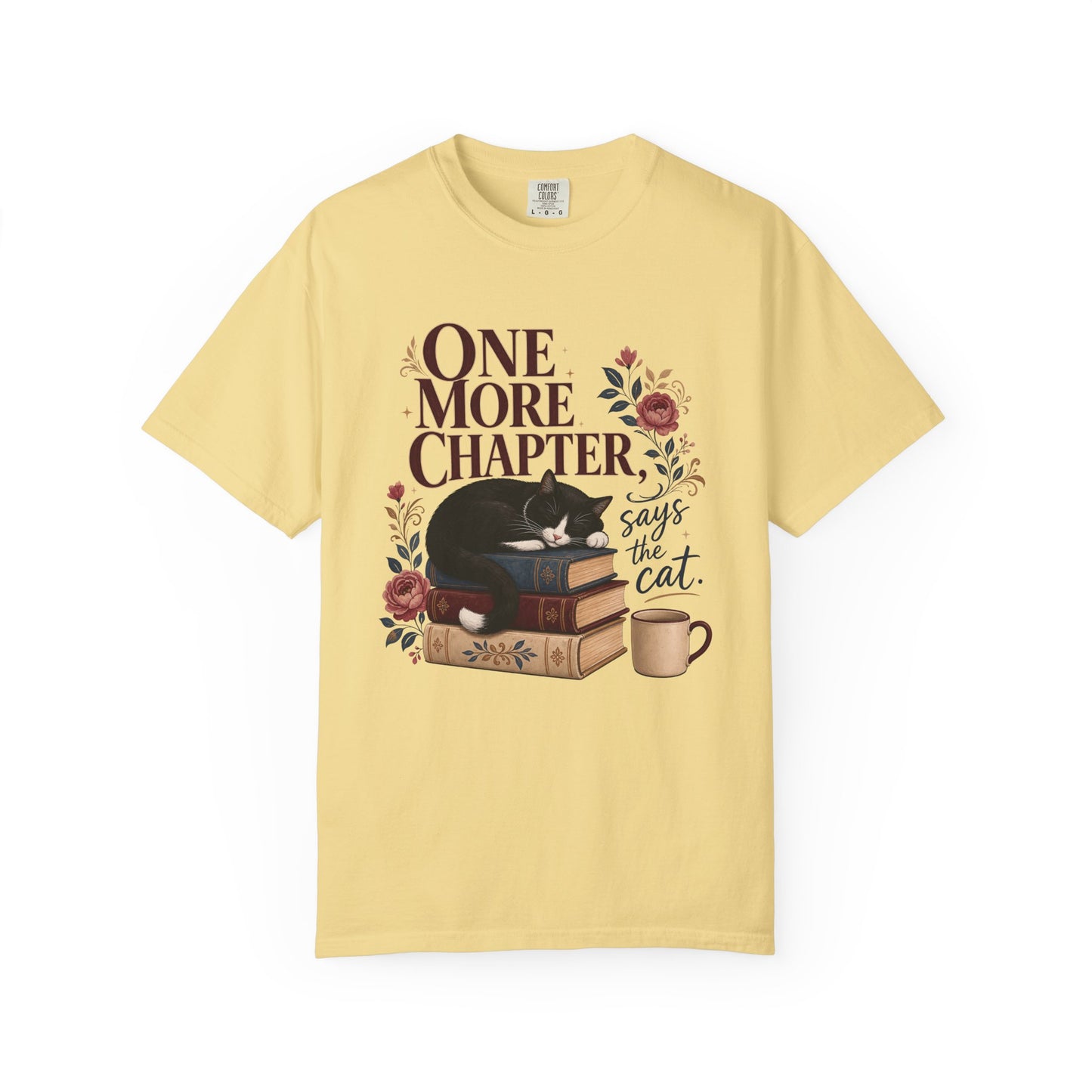 One More Chapter Says the Cat T-Shirt — Cozy Booklover Cat Tee