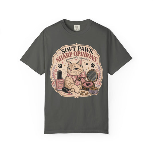 Cat Graphic T-Shirt — "Soft Paws, Sharp Opinions" Cute Vintage Cat Lounge Tee