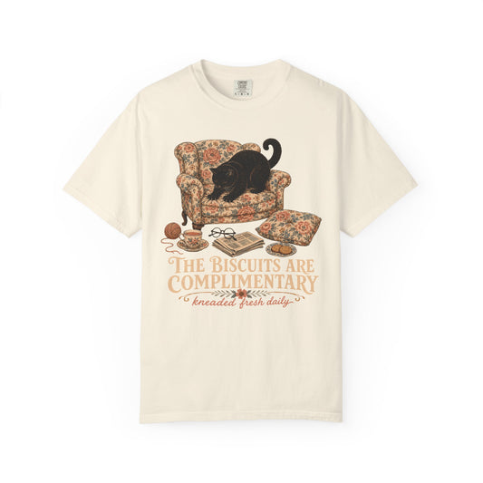 “The Biscuits Are Complimentary” Cat T‑Shirt — Vintage Cozy Graphic Tee