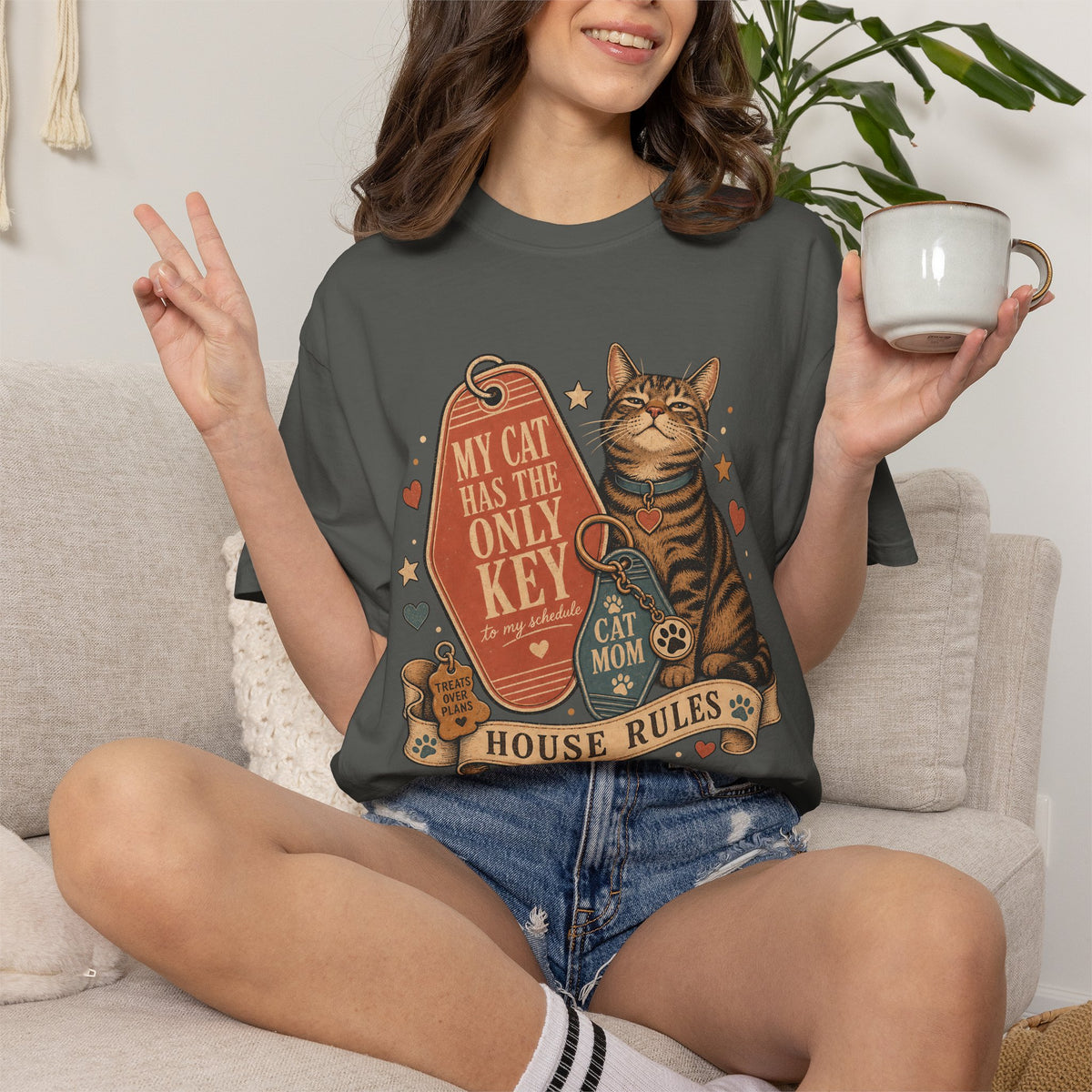 Cat Mom T-Shirt — “My Cat Has The Only Key” Vintage House Rules Tee