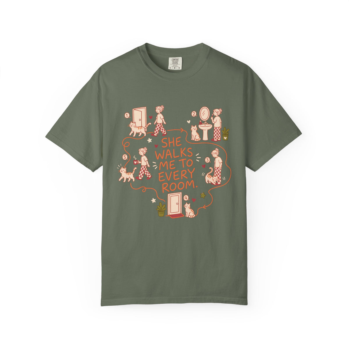 T-Shirt — "She Walks Me to Every Room" Vintage Cat Lover Tee