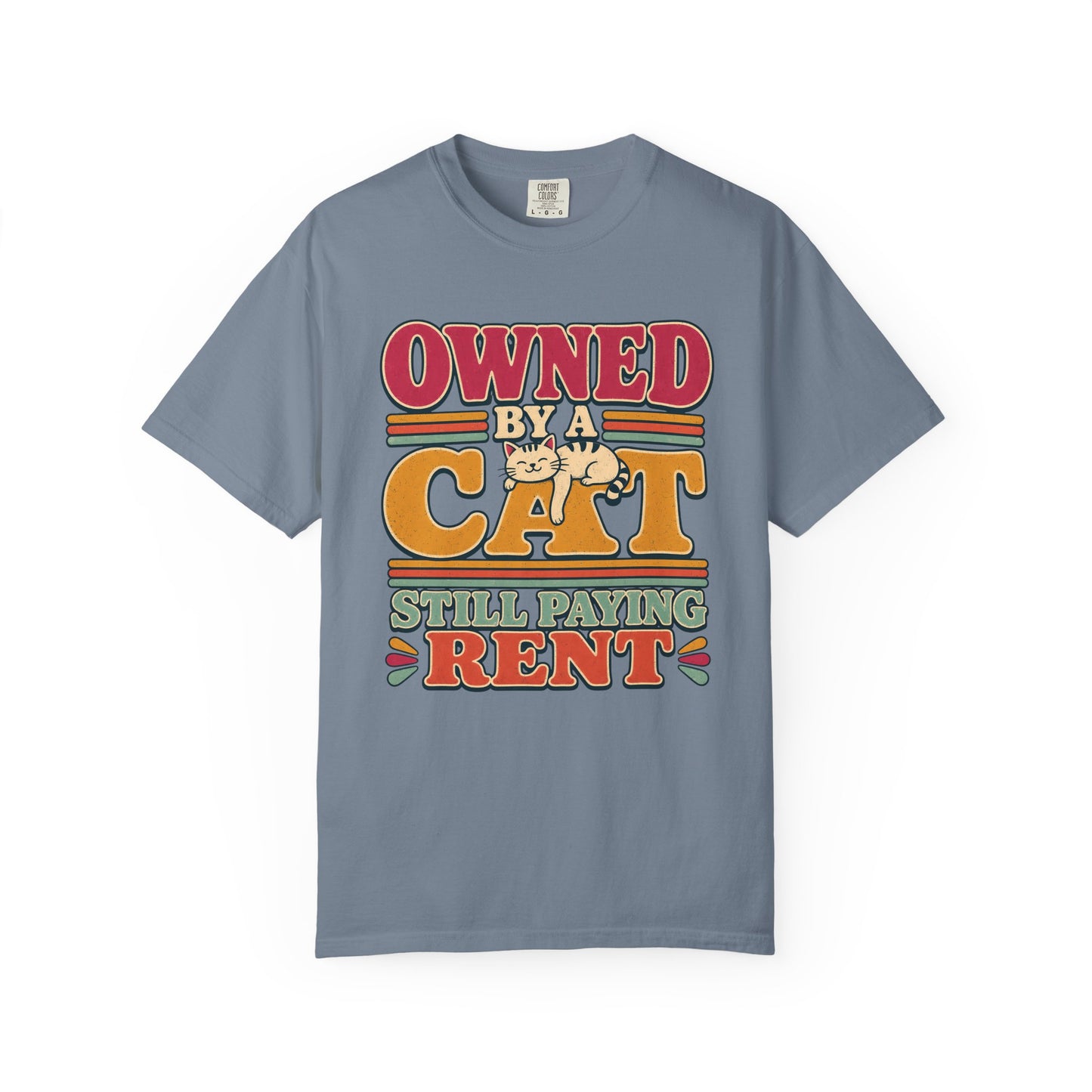 Owned by a Cat T-Shirt — Funny Retro Cat Tee ("Still Paying Rent")