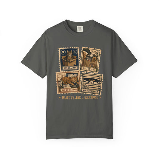Cat Stamps Graphic T-Shirt — "Daily Feline Operations" Vintage Cat Comic Tee