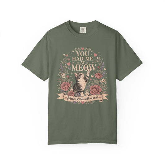 Cat Floral T-Shirt — "You Had Me at Meow" Vintage Garden Tee