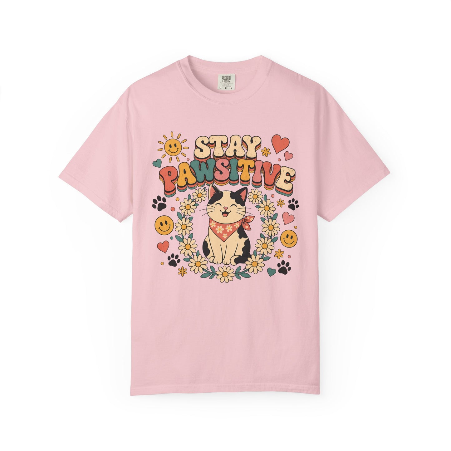 Stay Pawsitive Cat T-Shirt — Retro Floral Cute Kitten Tee