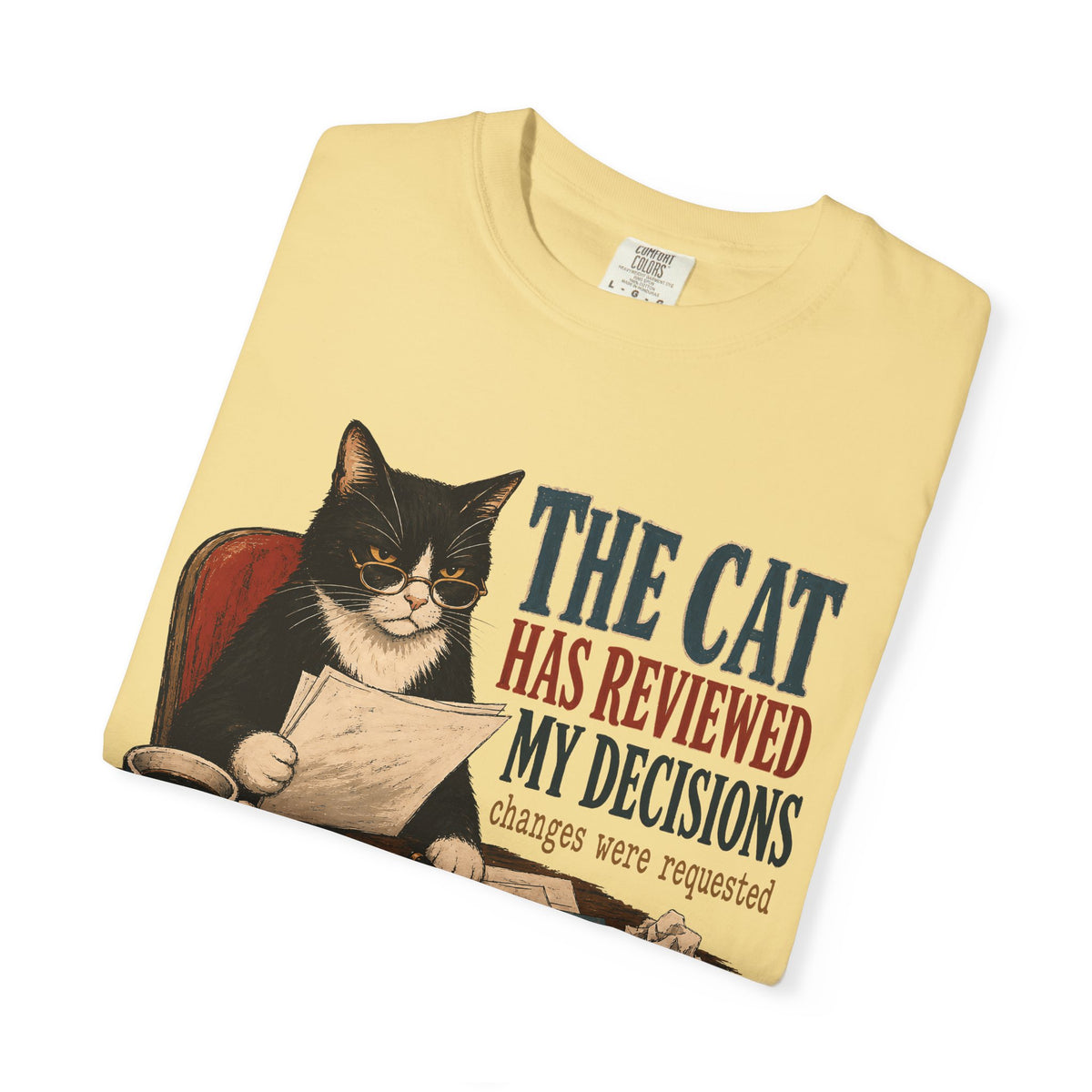 Cat Reviewer T-Shirt — "The Cat Has Reviewed My Decisions" Vintage Cat Office Tee