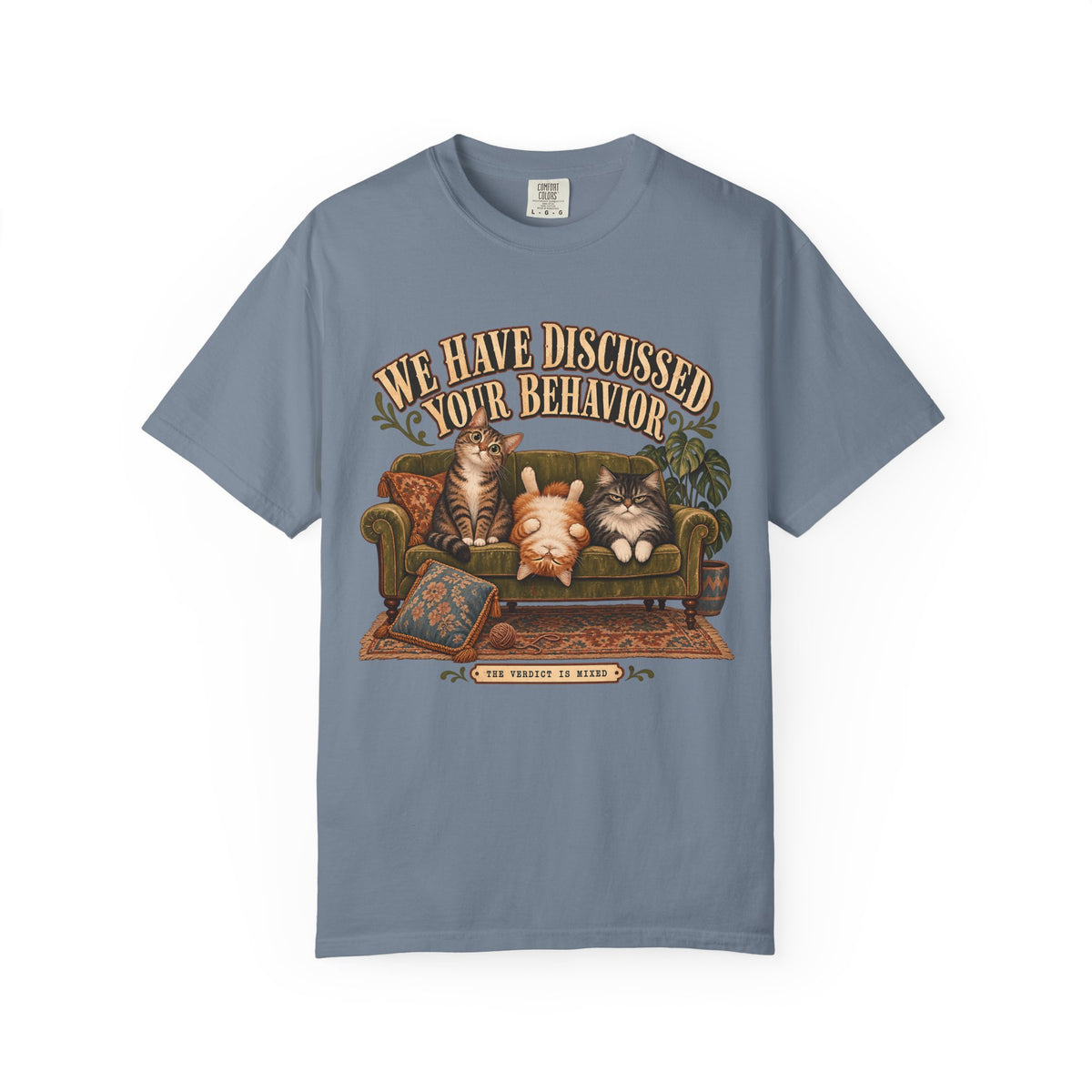 Cat Therapy T-Shirt — "We Have Discussed Your Behavior" Vintage Sofa Graphic