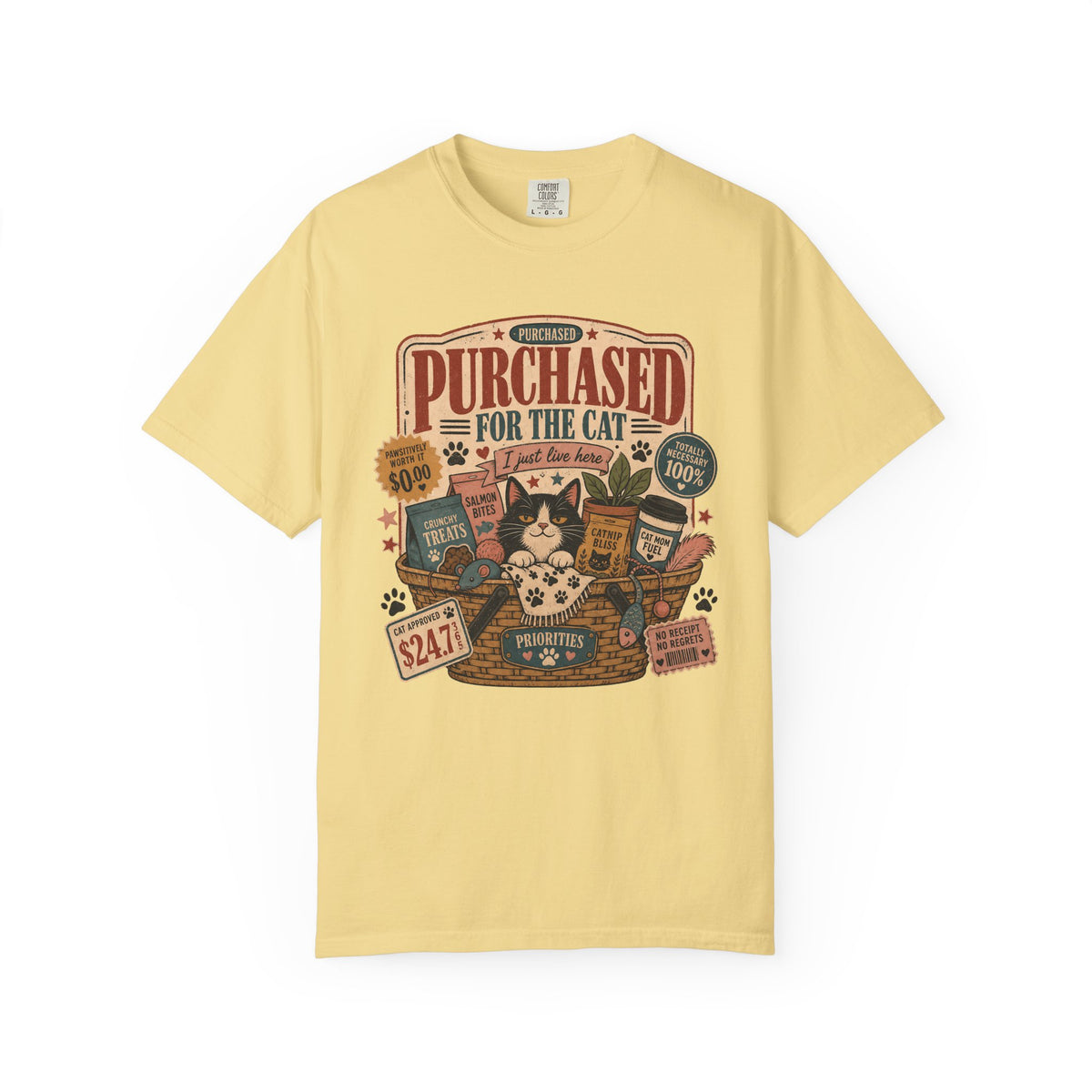 Cat Lover T-Shirt — "Purchased for the Cat" Vintage Pet Humor Tee