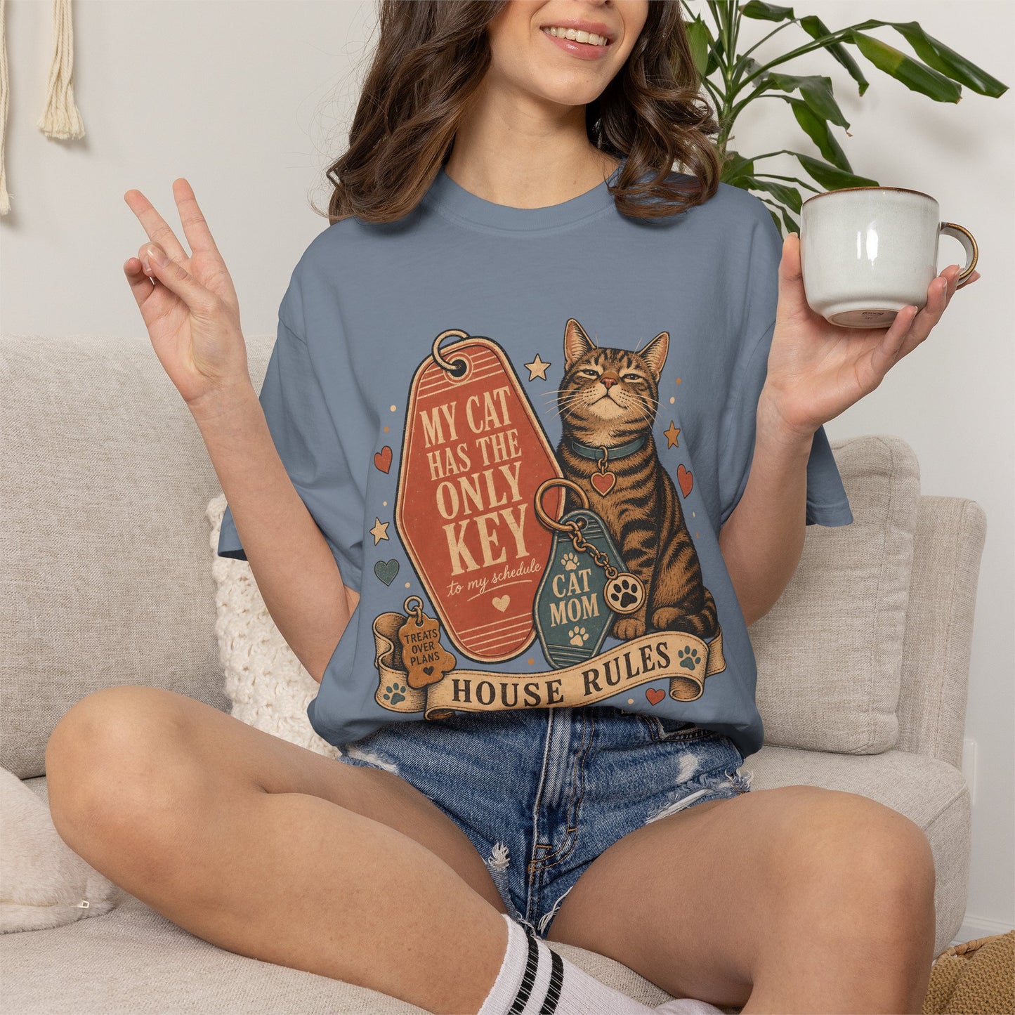 Cat Mom T-Shirt — “My Cat Has The Only Key” Vintage House Rules Tee