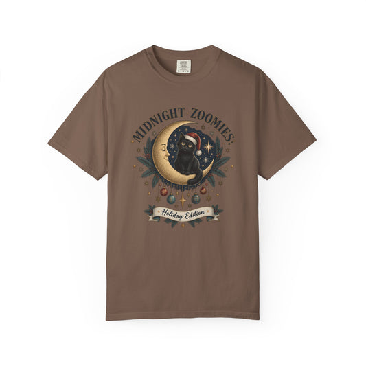 Midnight Zoomies Holiday Tee — Cute Black Cat on Crescent Moon Graphic T-Shirt