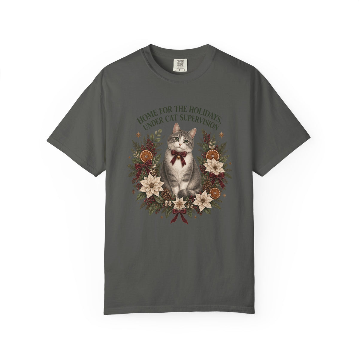 Holiday Cat T-Shirt — “Home for the Holidays Under Cat Supervision” Vintage Floral Cat Tee