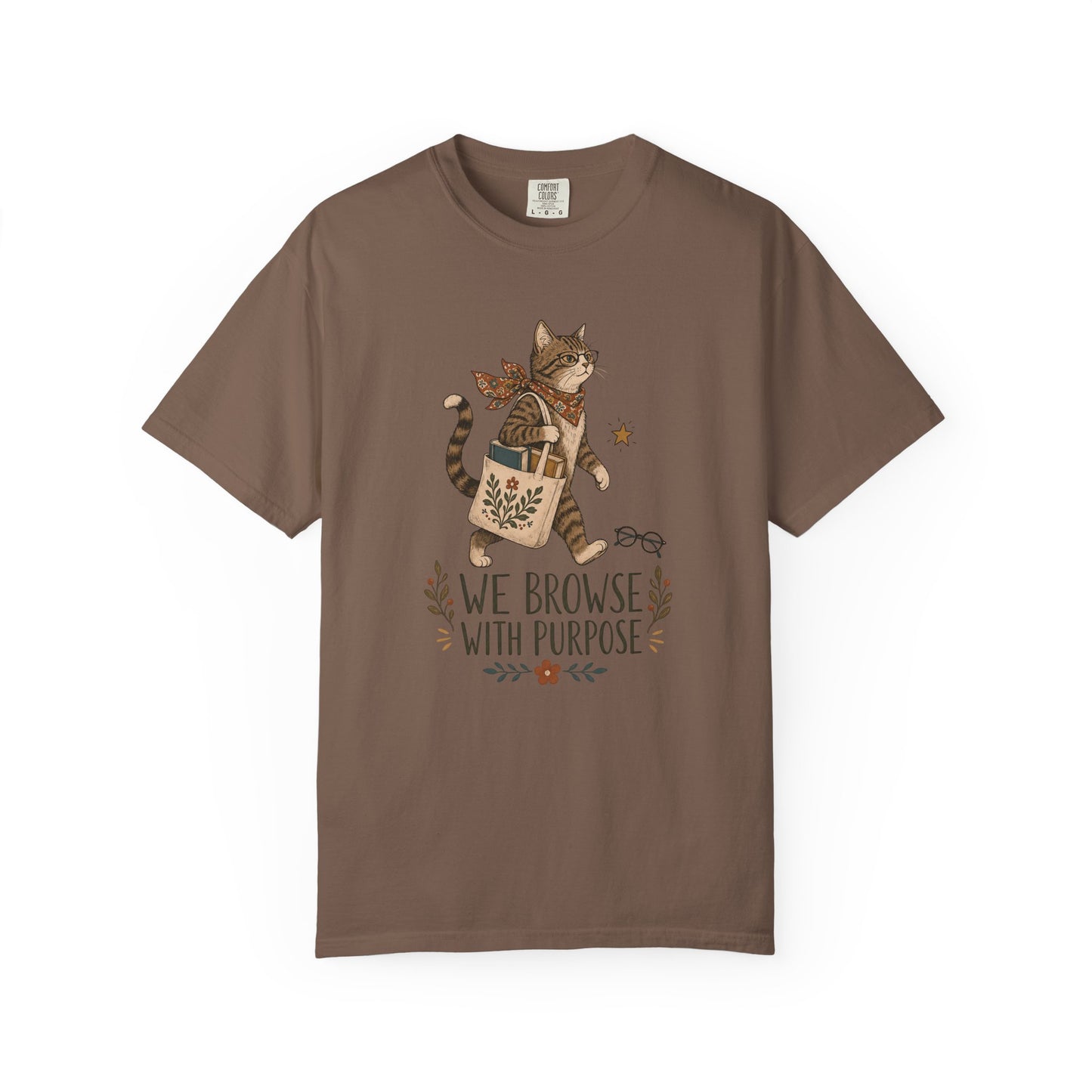 Cat Shopper T-Shirt — “We Browse With Purpose” Cute Bookish Cat Tee