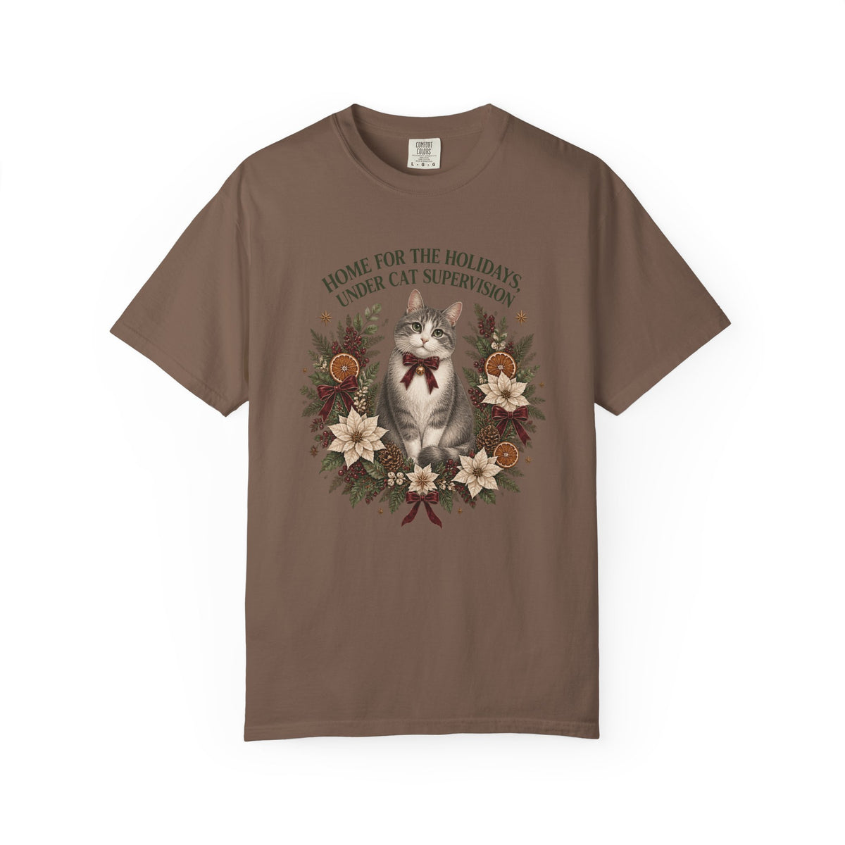 Holiday Cat T-Shirt — “Home for the Holidays Under Cat Supervision” Vintage Floral Cat Tee