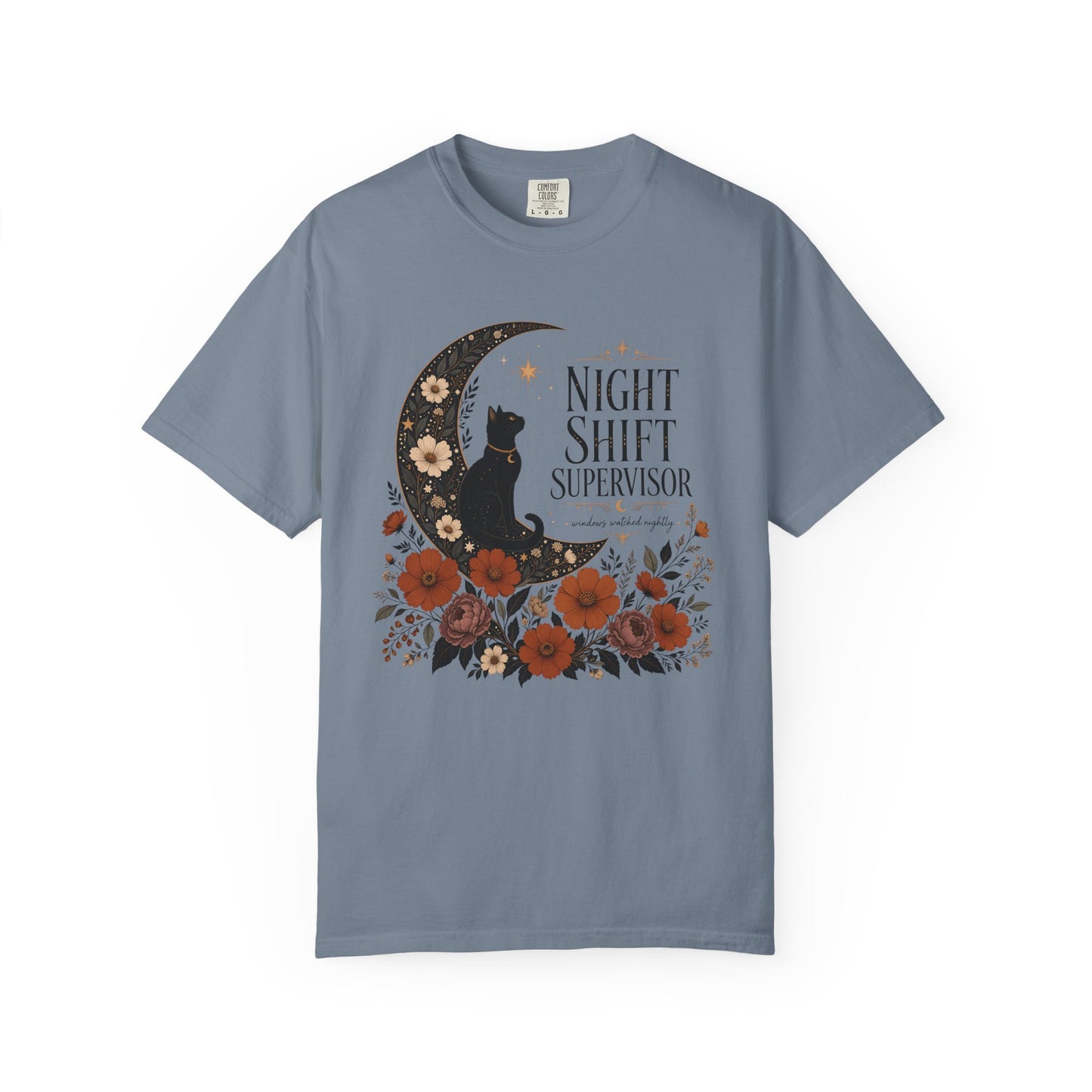 Night Shift Supervisor T-Shirt — Moon Cat Floral Crew Tee