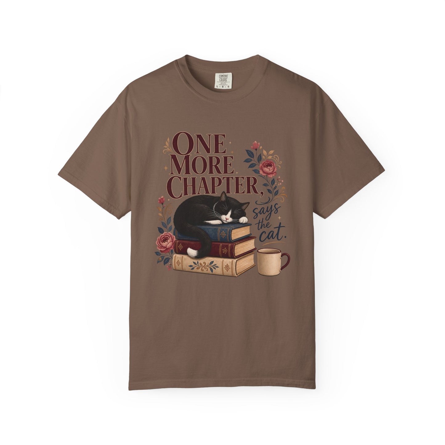 One More Chapter Says the Cat T-Shirt — Cozy Booklover Cat Tee