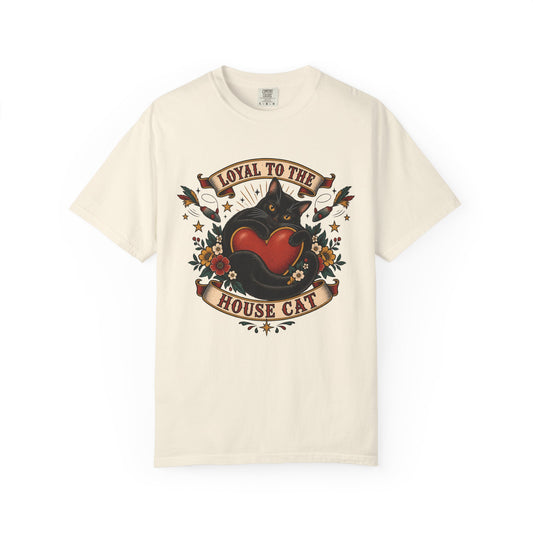 Loyal to the House Cat Tee — Retro Heart & Black Cat Graphic T-Shirt