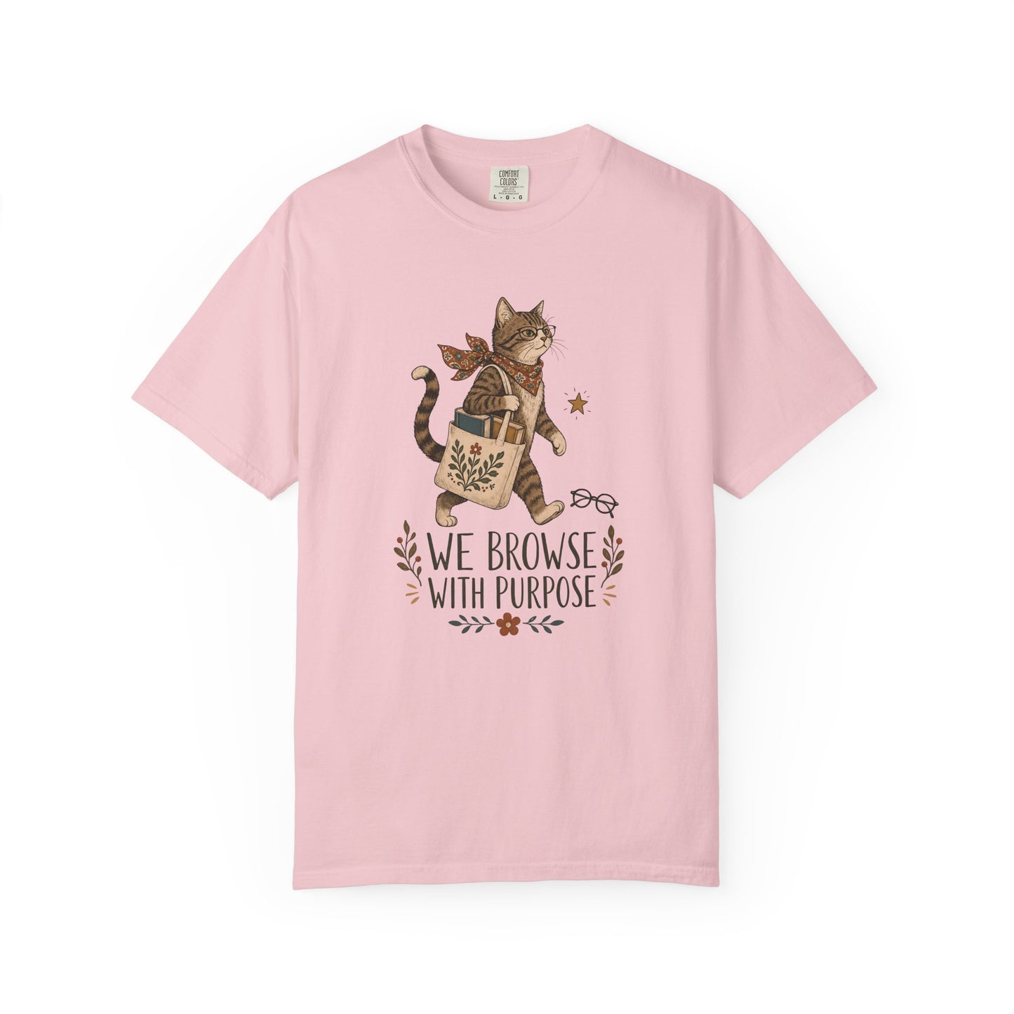 Cat Shopper T-Shirt — “We Browse With Purpose” Cute Bookish Cat Tee