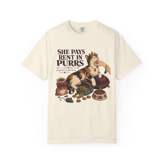 Cat Lover T-Shirt — "She Pays Rent in Purrs" Vintage Cat Illustration