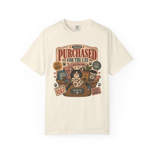 Cat Lover T-Shirt — "Purchased for the Cat" Vintage Pet Humor Tee