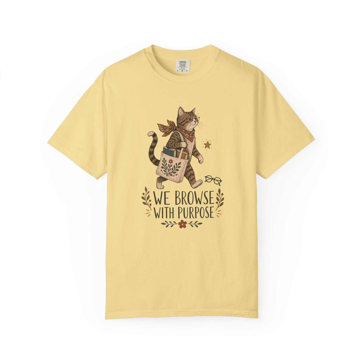 Cat Shopper T-Shirt — “We Browse With Purpose” Cute Bookish Cat Tee