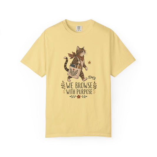 Cat Shopper T-Shirt — “We Browse With Purpose” Cute Bookish Cat Tee